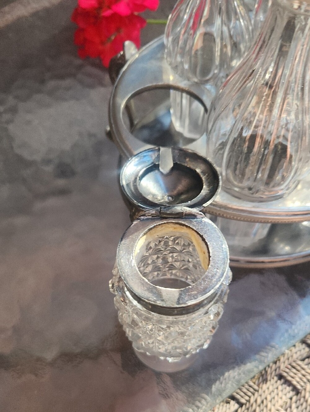 Vintage Silver Condiment Carousel with Clear Glass Bottles - Picture 8 of 16